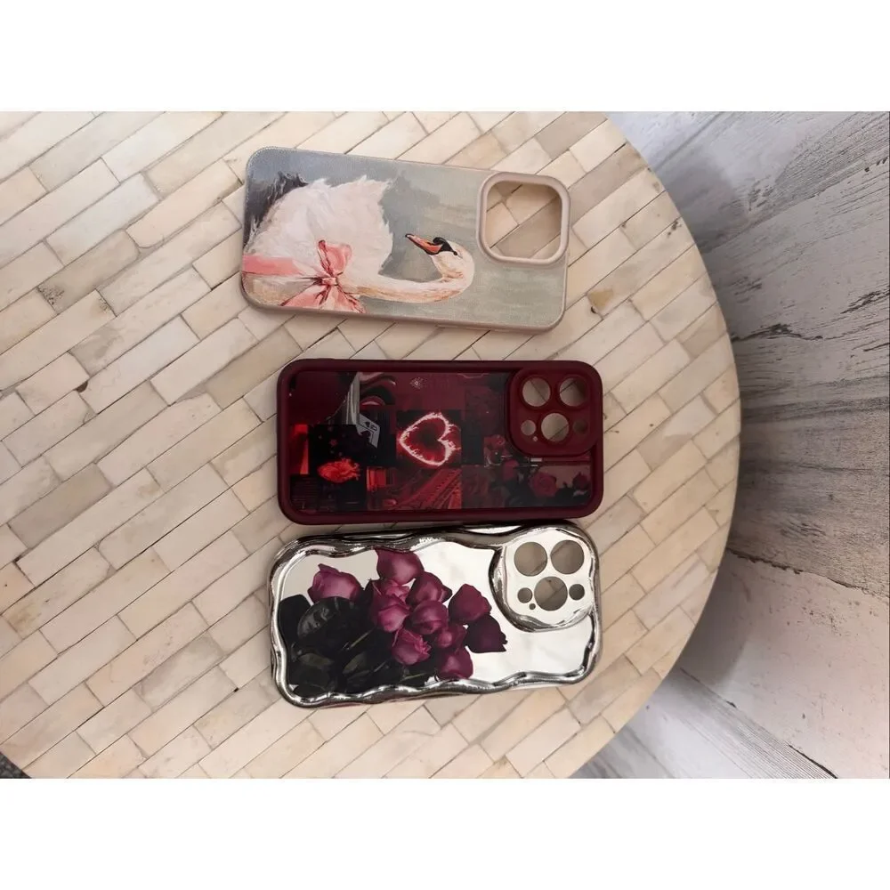 iPhone 15 Pro Max Case Bundle Set of 3 Swan Heart Rose Mirror Wavy Coque